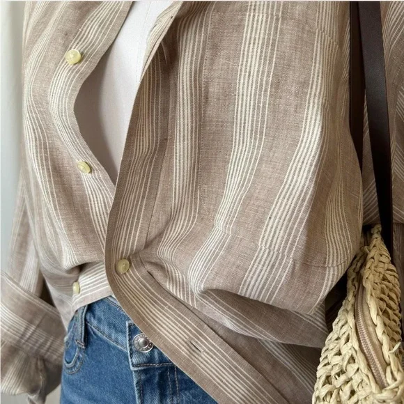 JoS. A. BANK Traveler’s Cellection brown striped 100% linen button-down shirt. - Picture 6 of 8